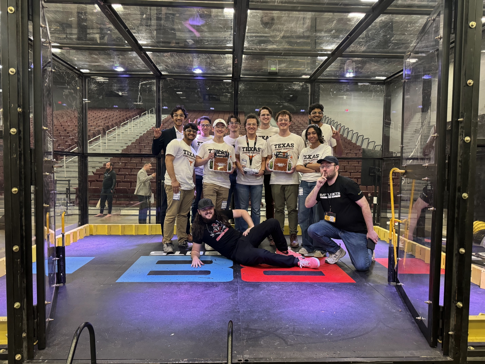 UT Austin engineering students at Battlebots competition arena